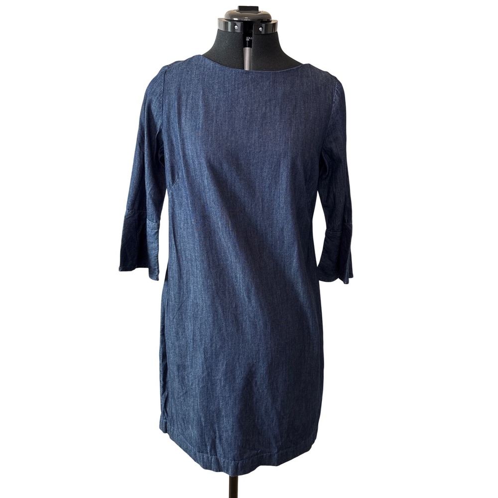 Talbots Petite Women Blue Chambray Bell Sleeve Shift Dress 6P New Coastal Cotton